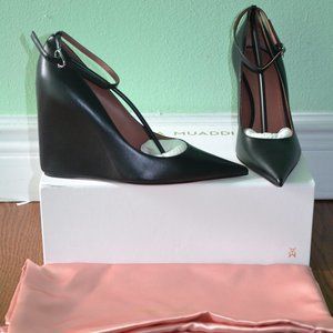 Amina Muaddi Pernille Leather Ankle Wedge Pumps